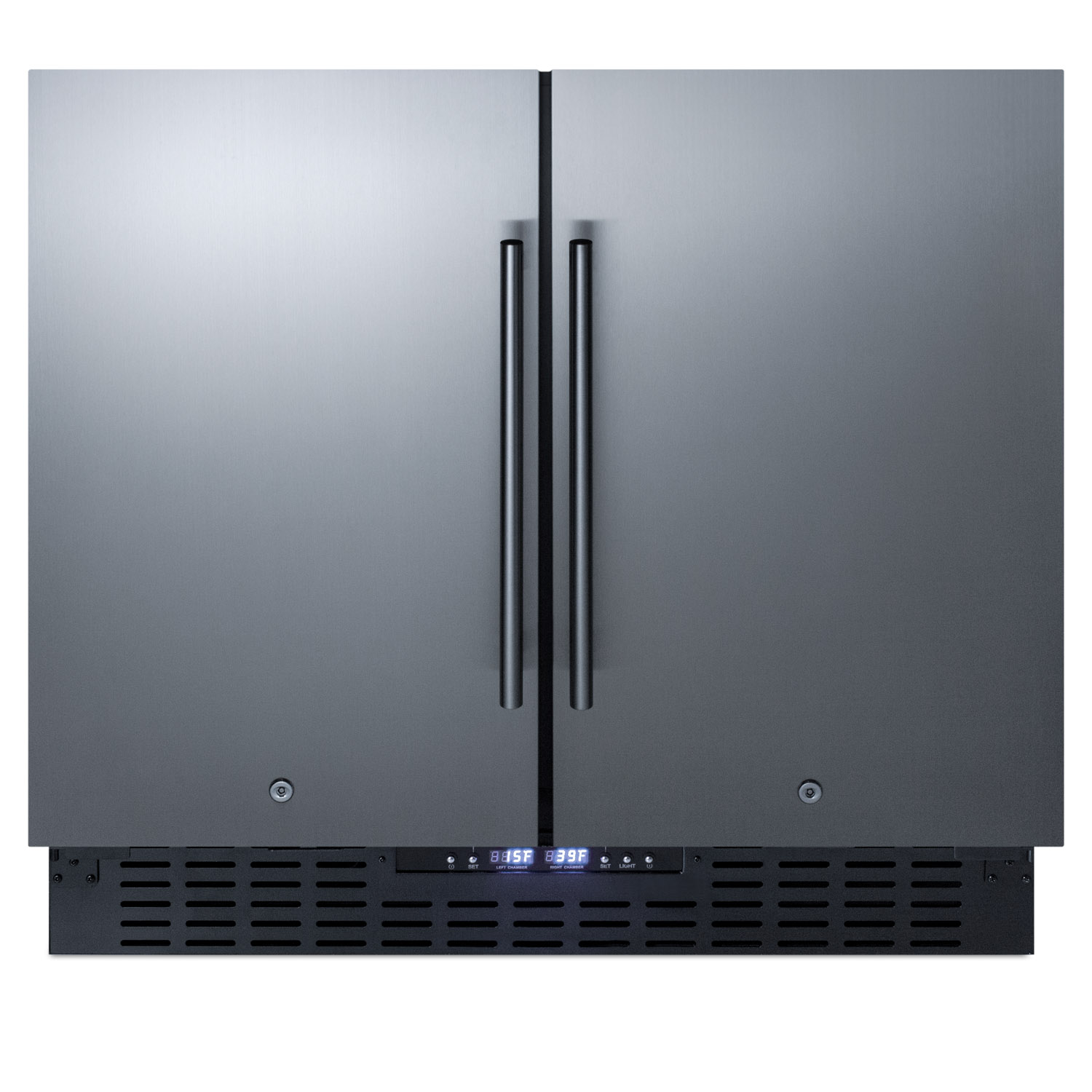 Commercially approved, frost-free, side-by-side refrigerator-freezer for built-in or freestanding use with two stainless steel doors, black cabinet, front-placed digital controls, and front locks